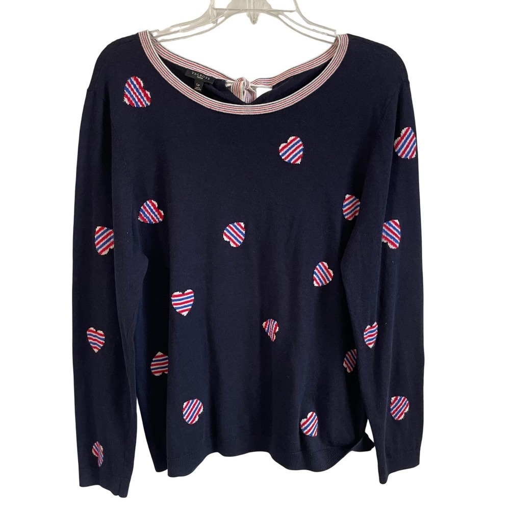Talbots Patriotic Heart Print Sweater Tie Back Long Sleeve Knit Top Petite Large